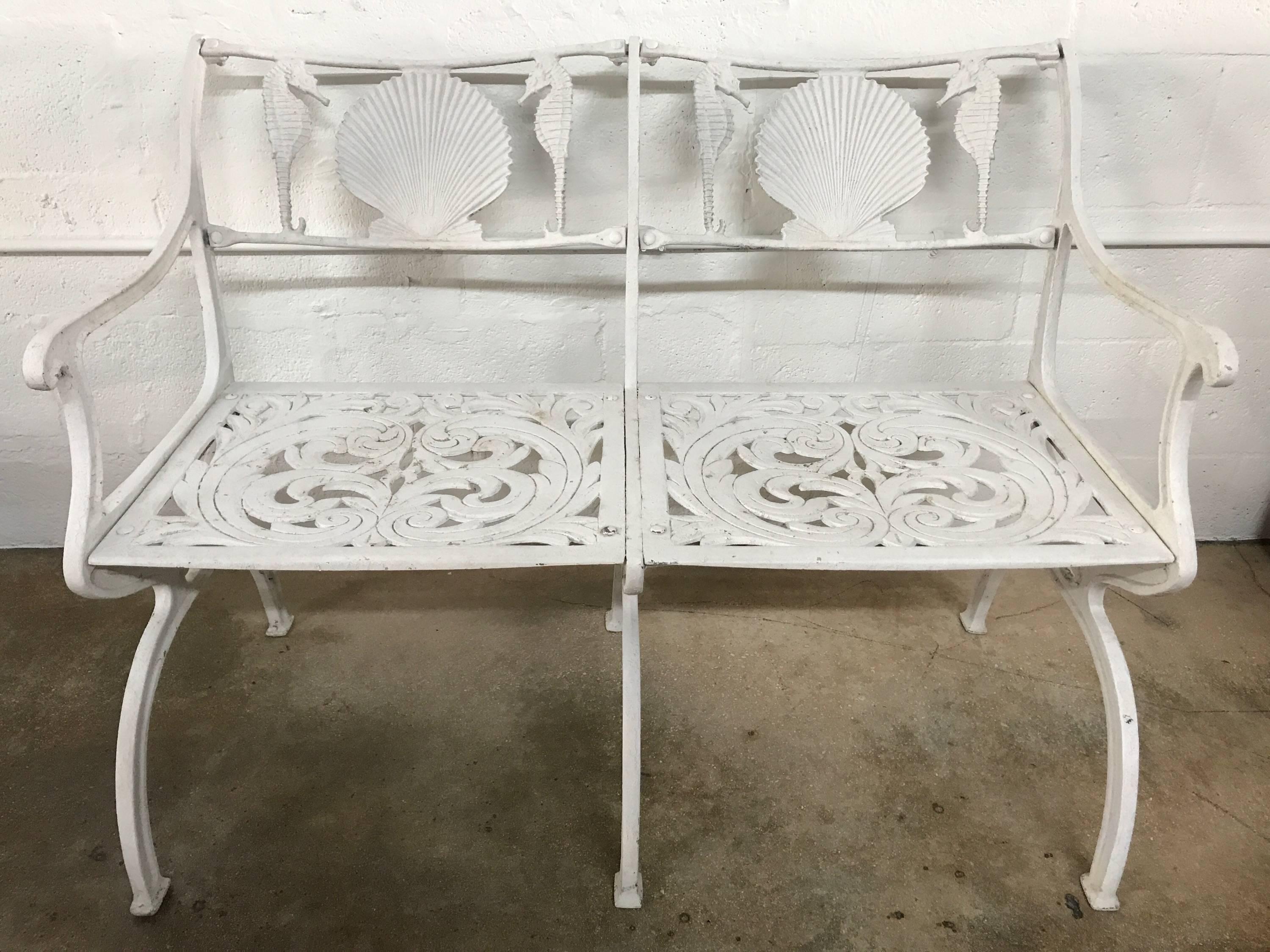 Original suite of shell and seahorse motif patio furniture from Molla including a bench, settee and single chair. This 1940s set was an early production with thinner lines than the common cast pieces of the 1950s

Dimensions of chair:
31.5