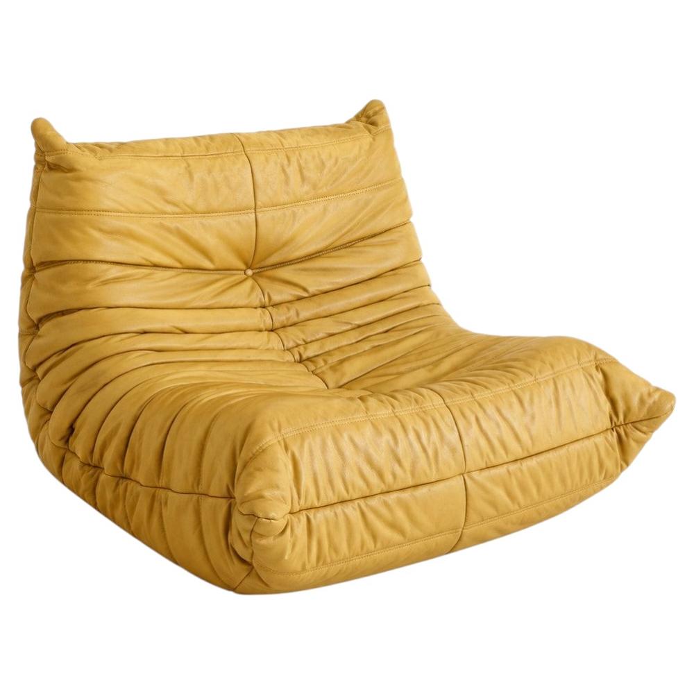 Vintage Togo Lounge Chair in Yellow Leather by Michel Ducaroy for Ligne Roset For Sale