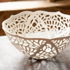 Hand-Carved Reticulated Porcelain Bowl in Warm White Porcelain