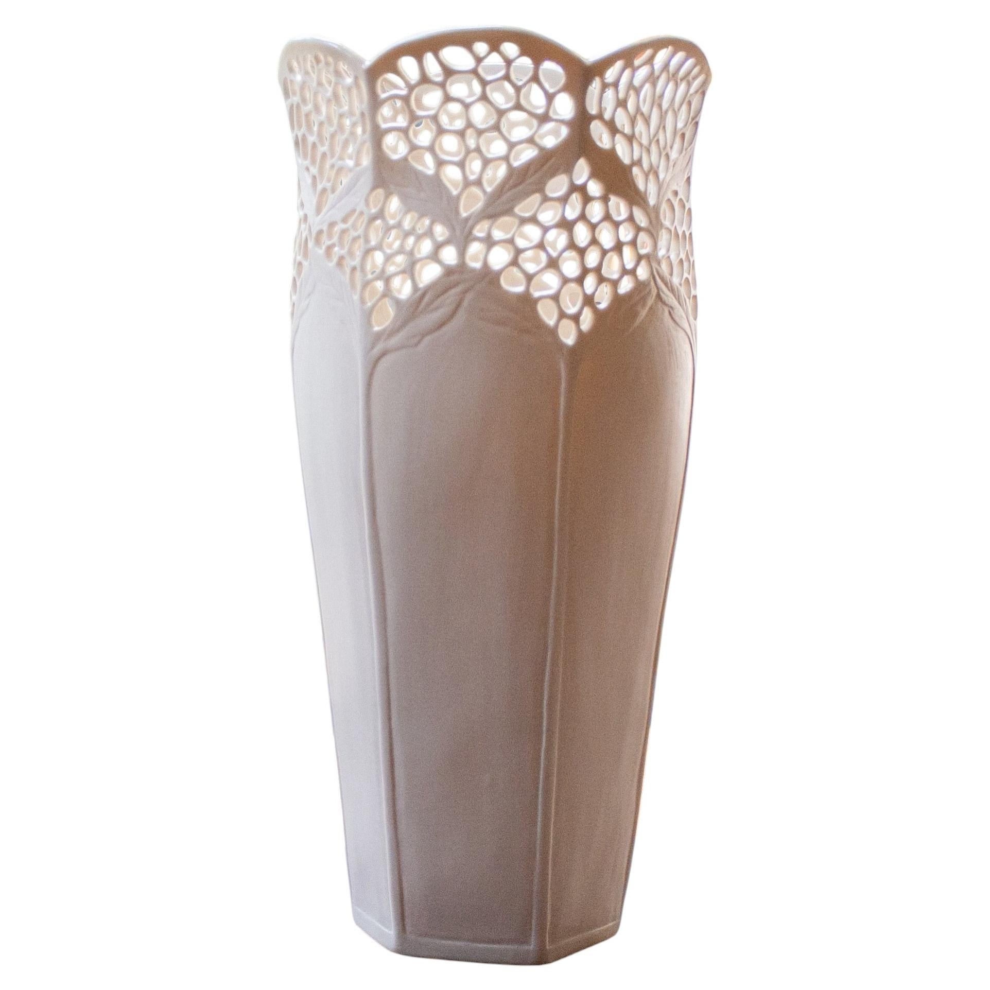 Hand-Carved Reticulated Porcelain Vase in Warm White