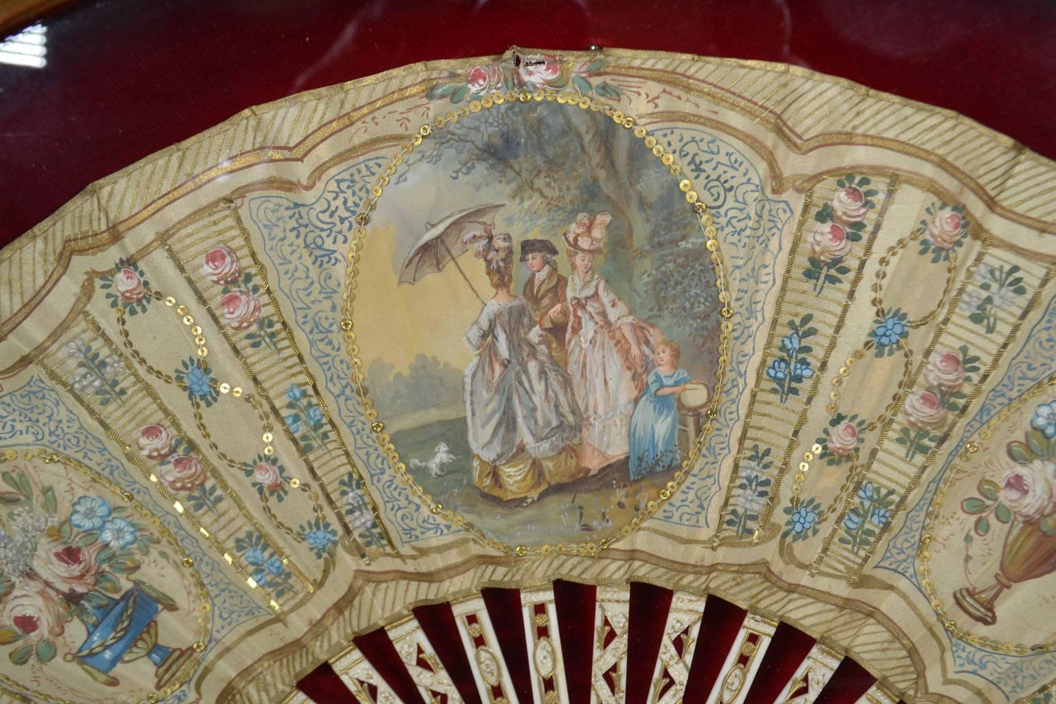 Framed 18th Century Hand-Painted Fan In Good Condition In Vista, CA