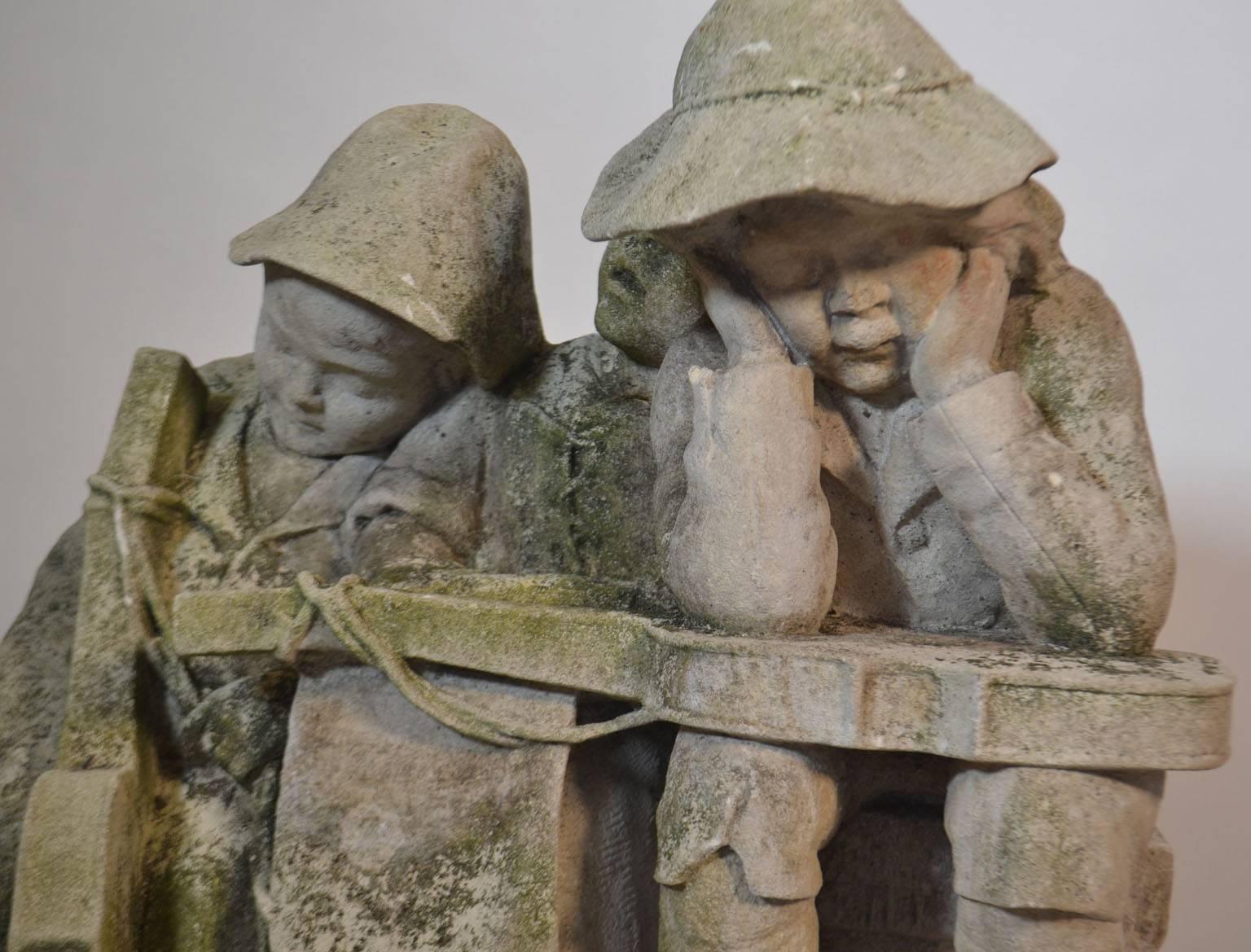French Carved Stone Statue of Children with Musical Instruments For Sale