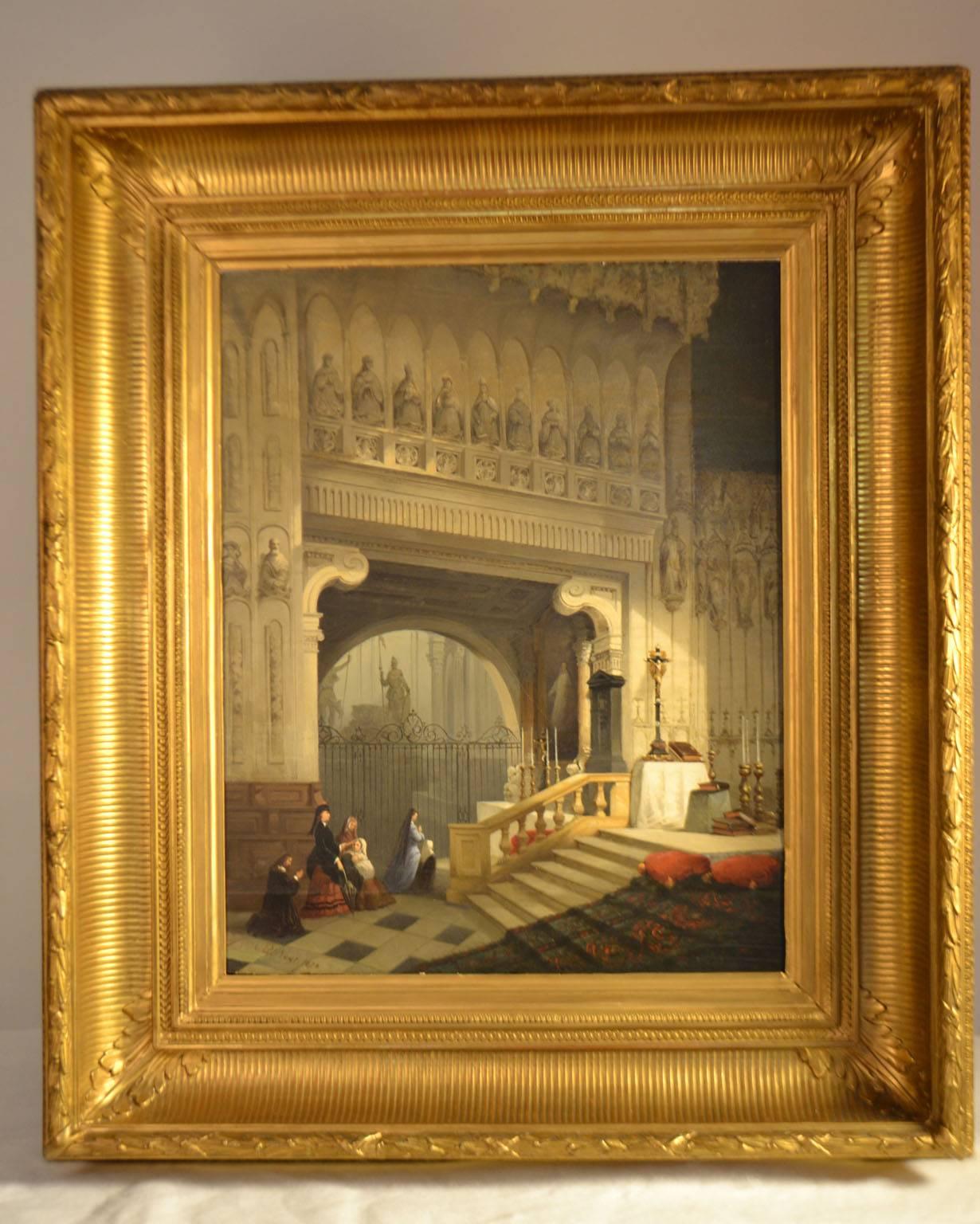 Framed oil painting on canvas by Bernard Neyt from Belgian (1825-1880). Neyt exclusively painted the interior of churches. This painting is signed and dated B. Neyt 1878.
