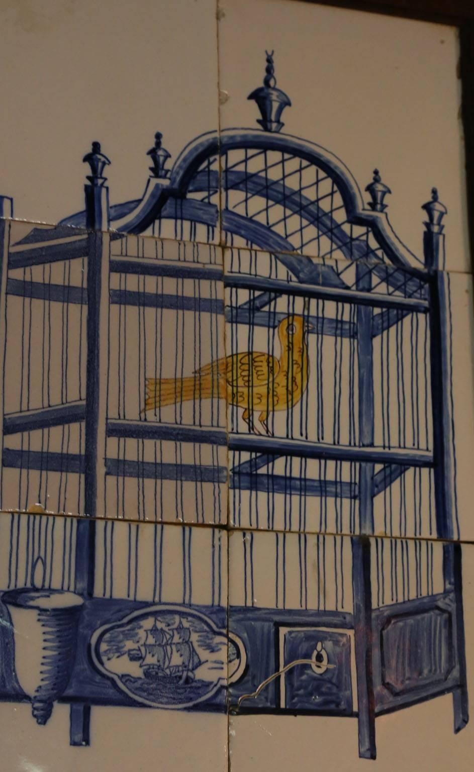 English 19th Century Delft Tile Panel of a Bird in a Cage