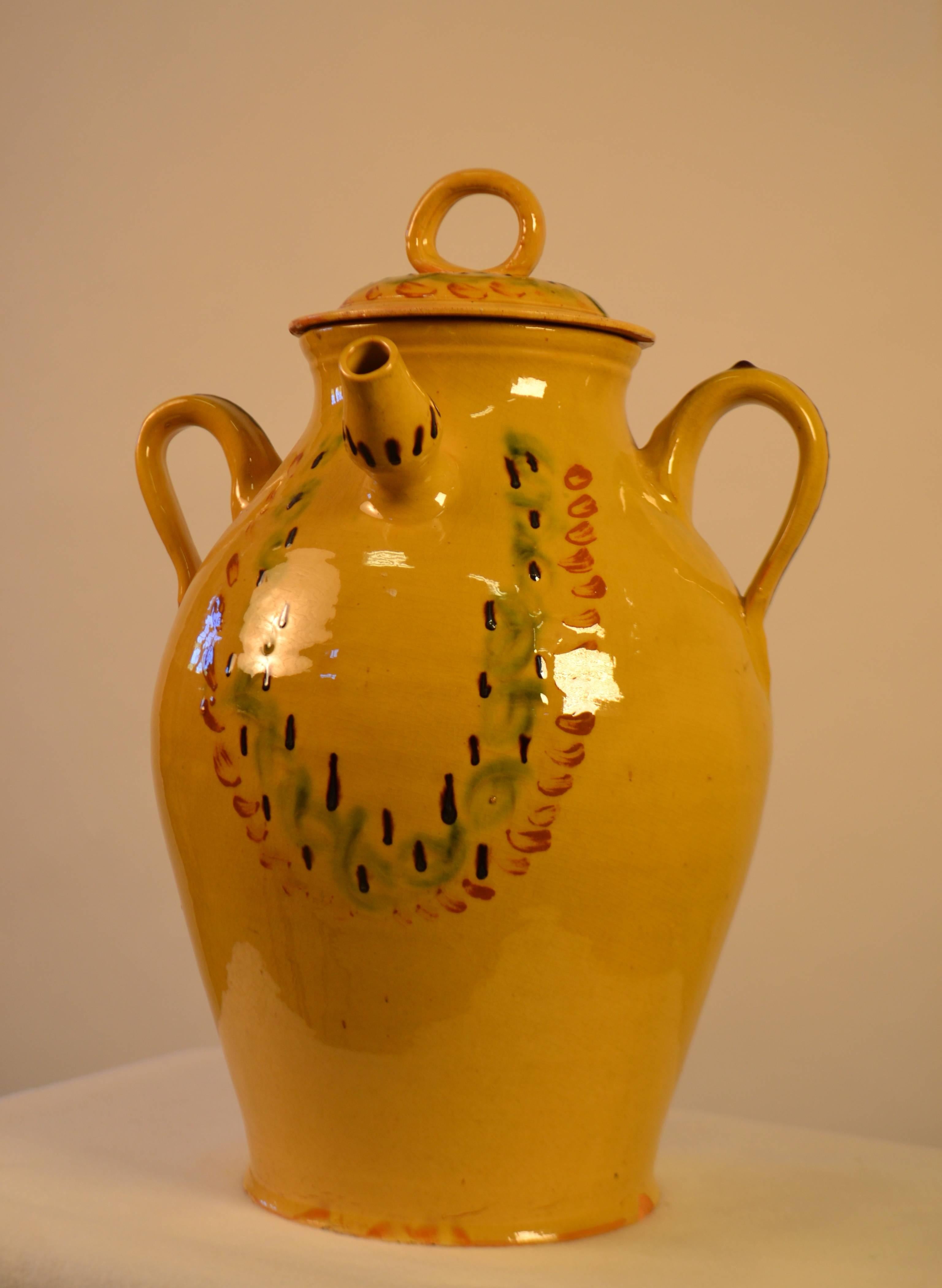 Hand-Crafted Turn of the Century Large Covered Earthenware Water Jug For Sale