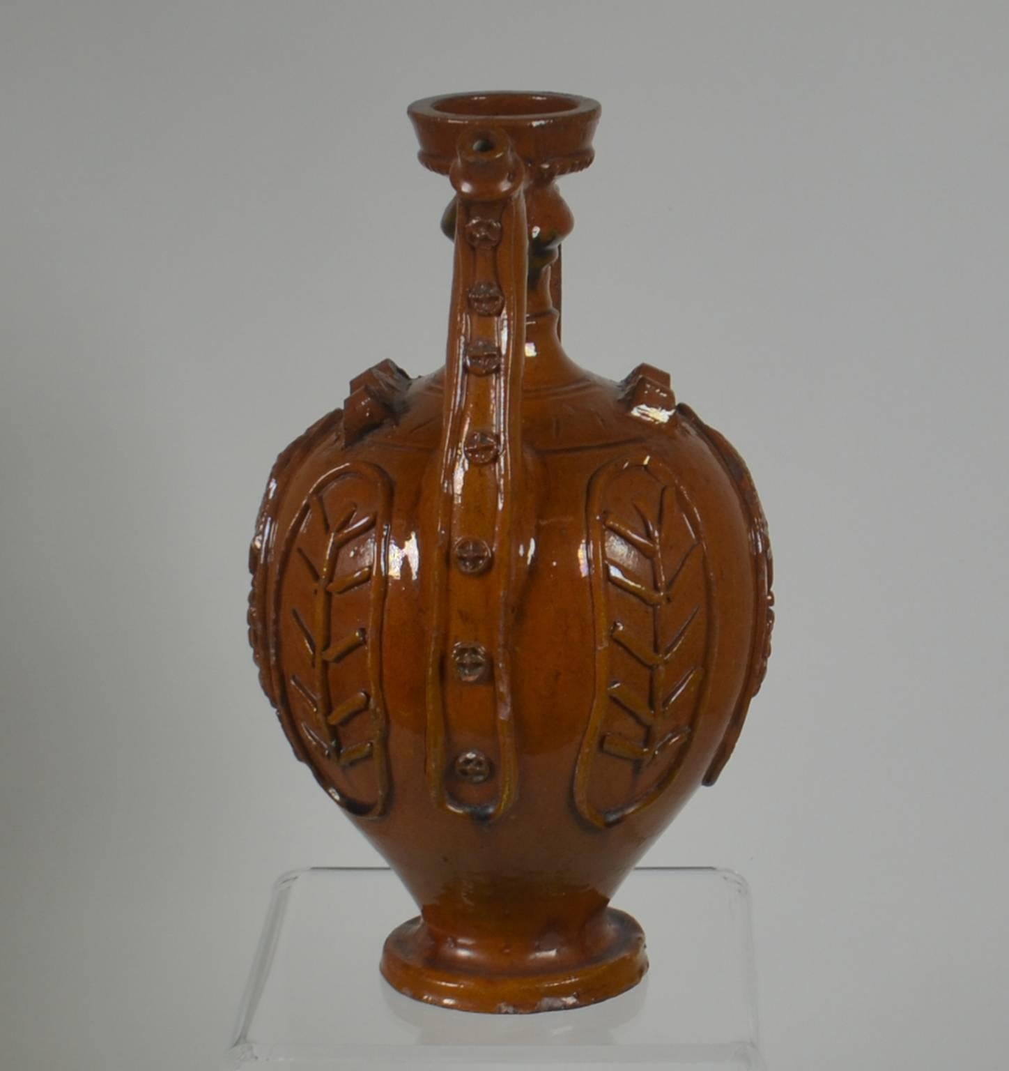 French Early 20th Century Earthenware Pitcher 'Brown with Relief Design'