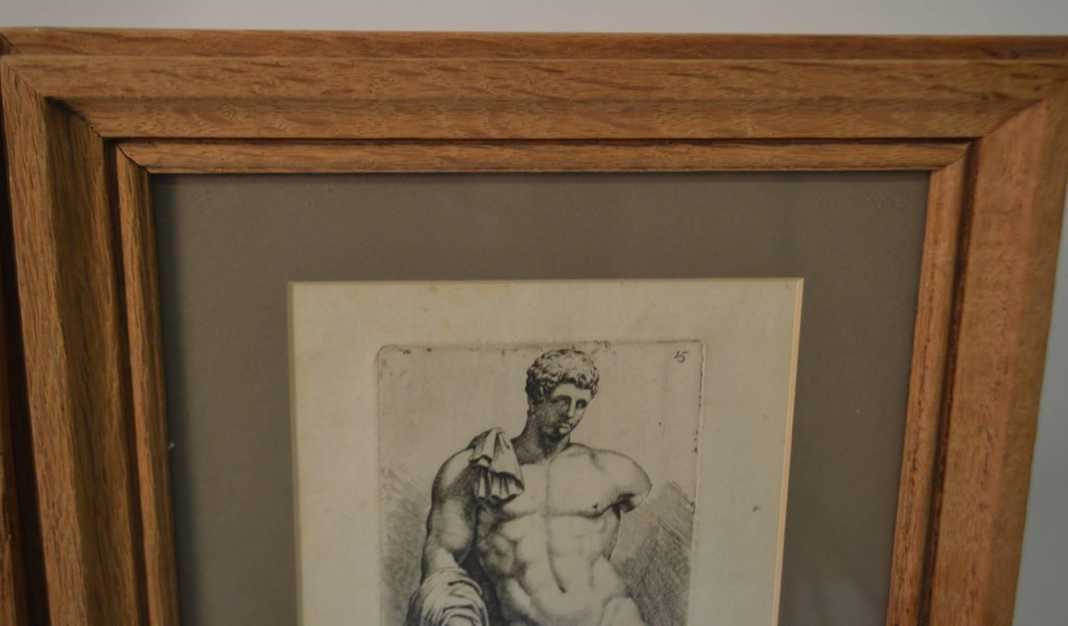Neoclassical Bookplate etchings of the Farnese Hercules and Michelangelo's David, set of two For Sale
