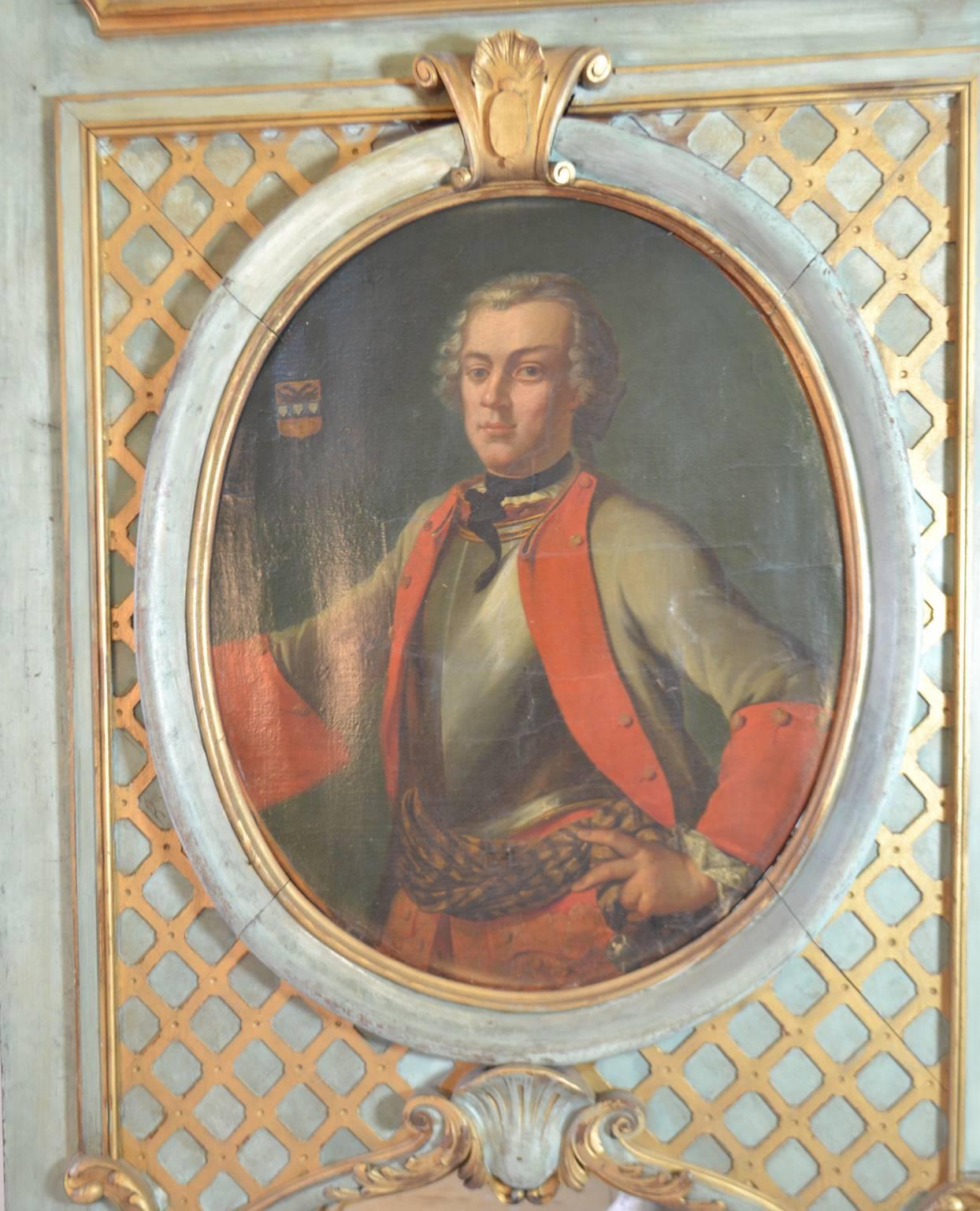 French 19th Century Parcel-Gilt and Painted Trumeau Mirror with 17th century portrait For Sale