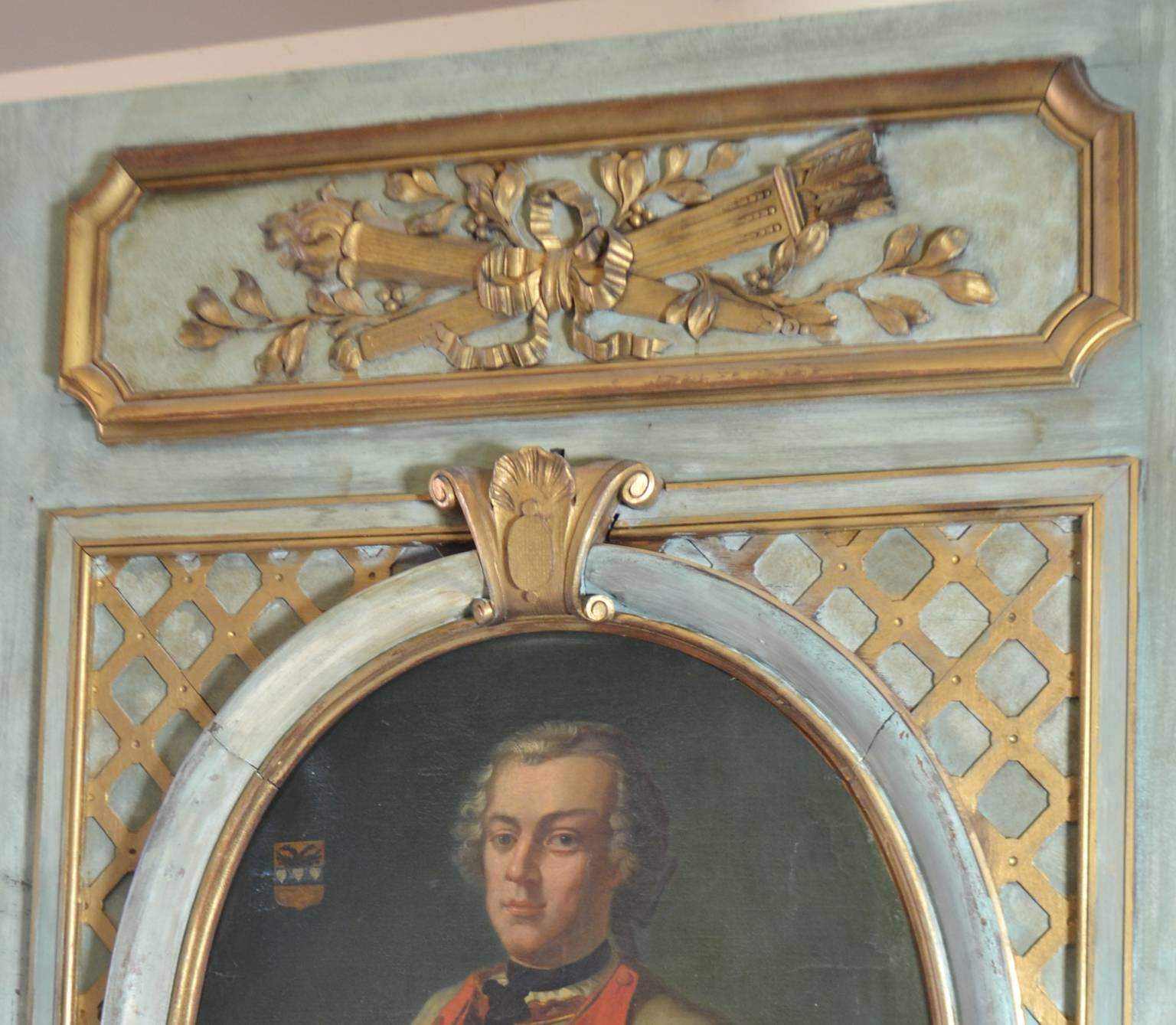 Carved 19th Century Parcel-Gilt and Painted Trumeau Mirror with 17th century portrait For Sale