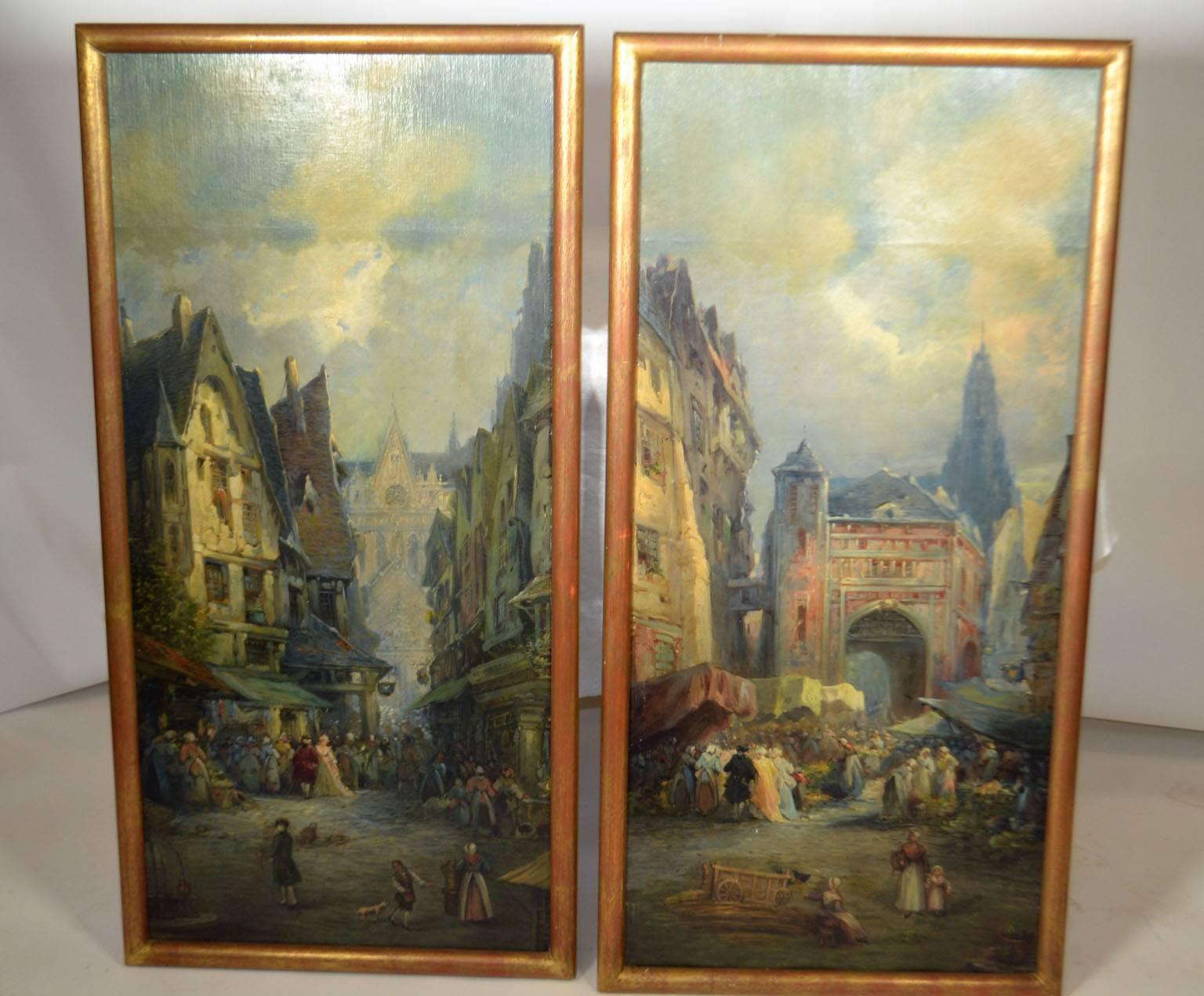 Pair of framed oil on canvas merchant street scenes of Rouen, France 1859. Signed by Jean Sorlain.