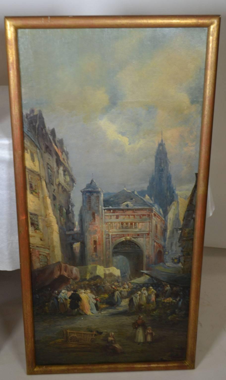 French Oil on Canvas Merchant Street Scene, Rouen, France
