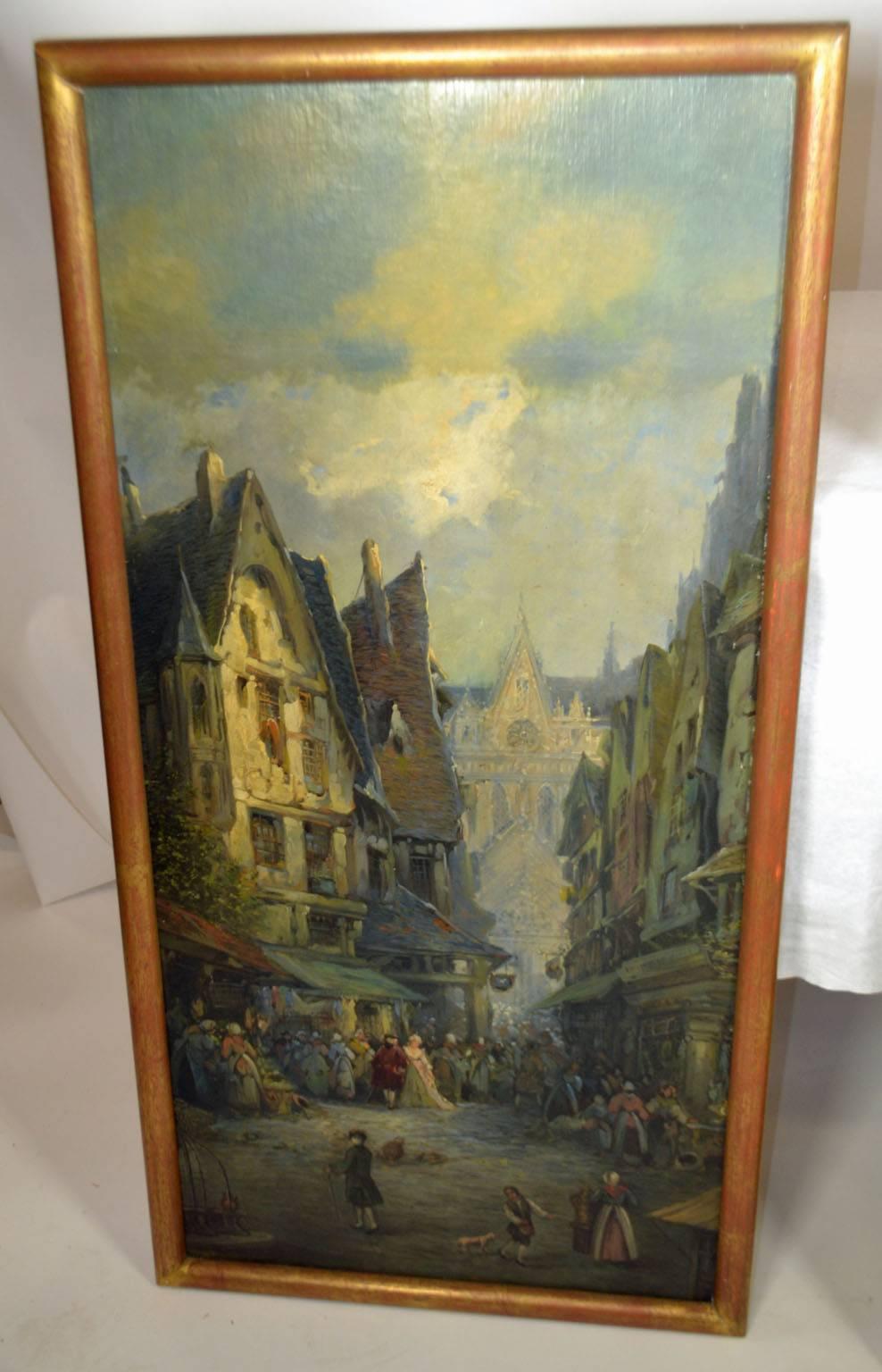 Oil on Canvas Merchant Street Scene, Rouen, France In Good Condition In Vista, CA