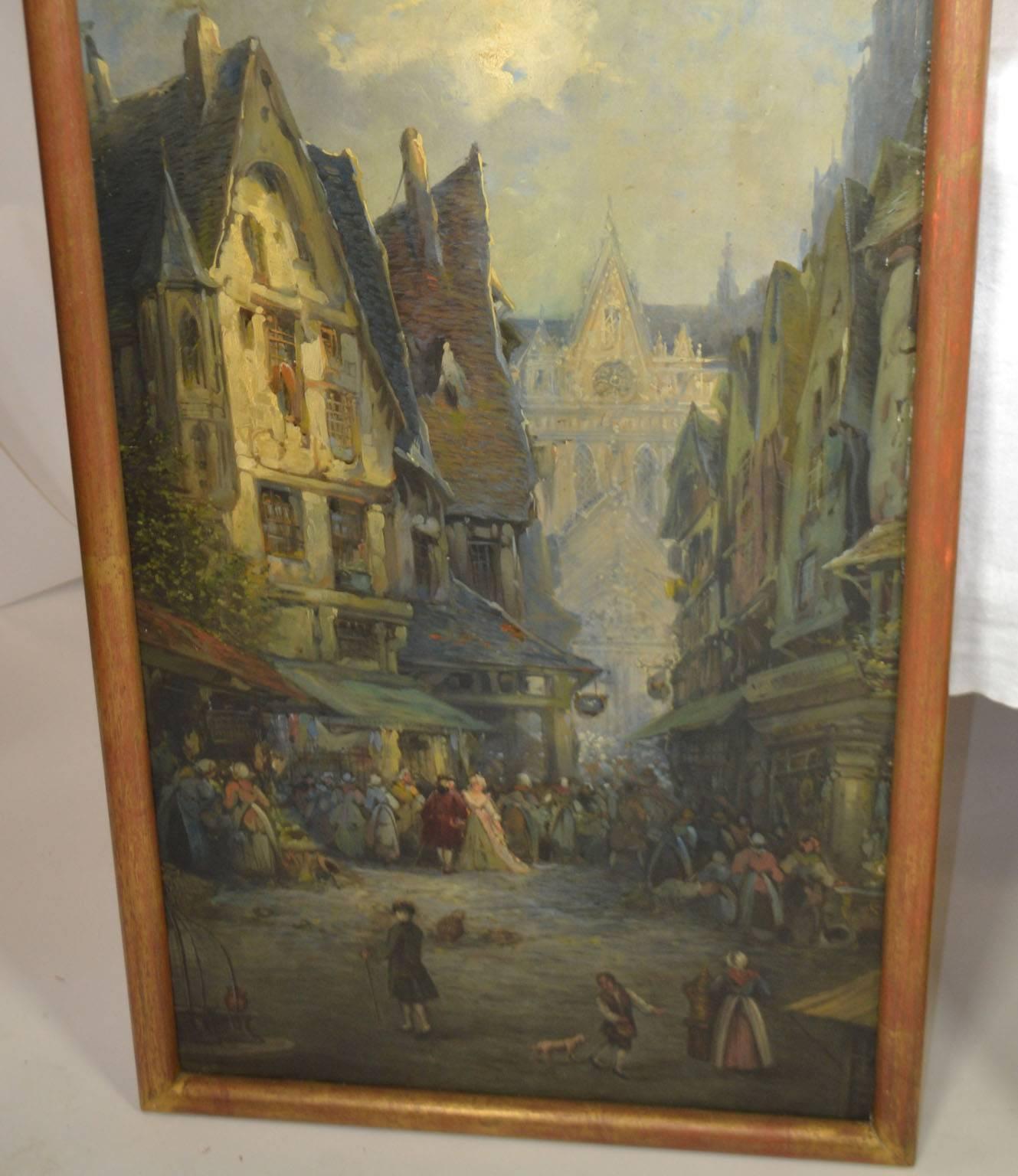 Oil on Canvas Merchant Street Scene, Rouen, France 1