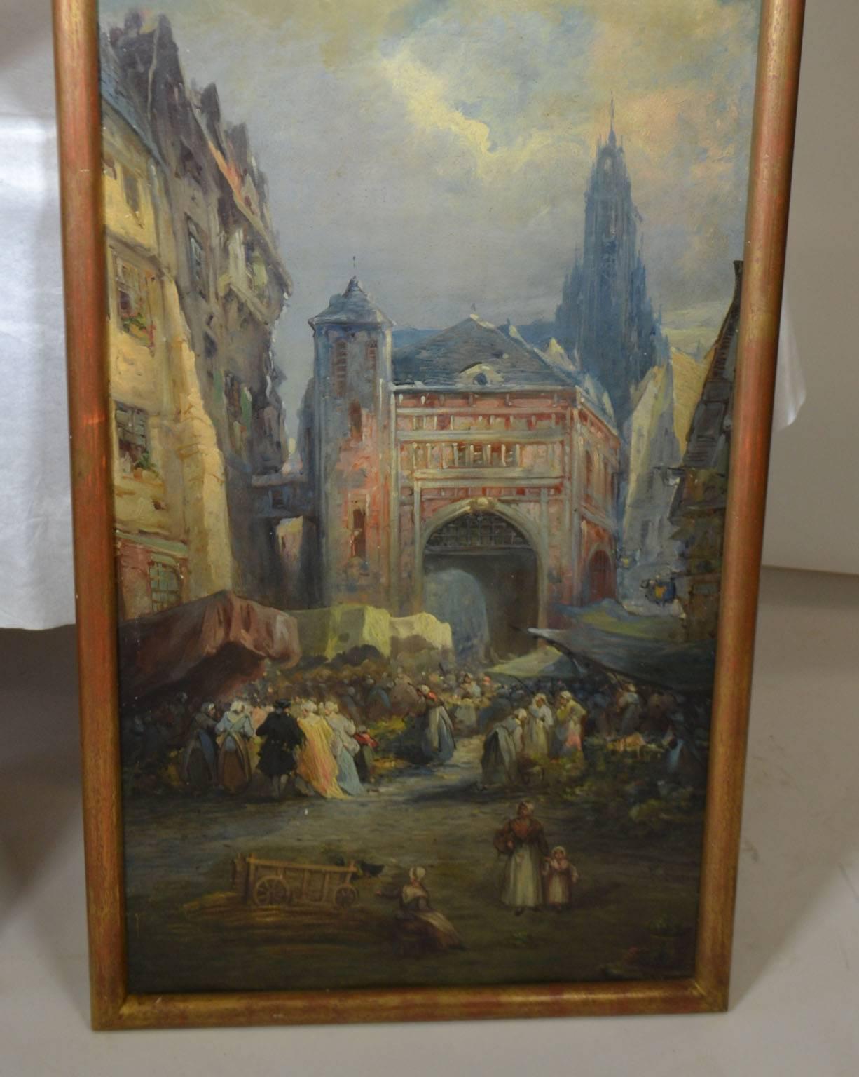 19th Century Oil on Canvas Merchant Street Scene, Rouen, France
