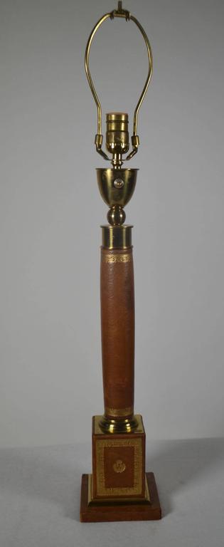 Empire Style Brass Mounted  Leather Table Lamp In Good Condition For Sale In Vista, CA