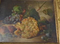 19th Century Oil Painting, "Still Life with Grapes and Peaches"