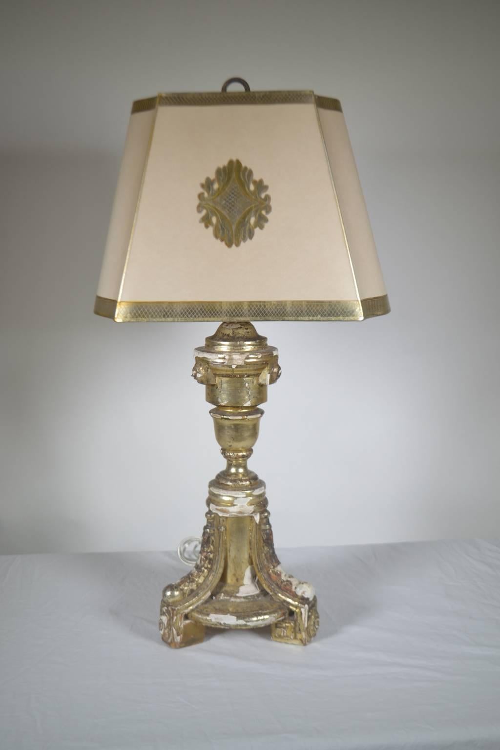 European Antique Silver Gilt Wood Tripod Lamp For Sale