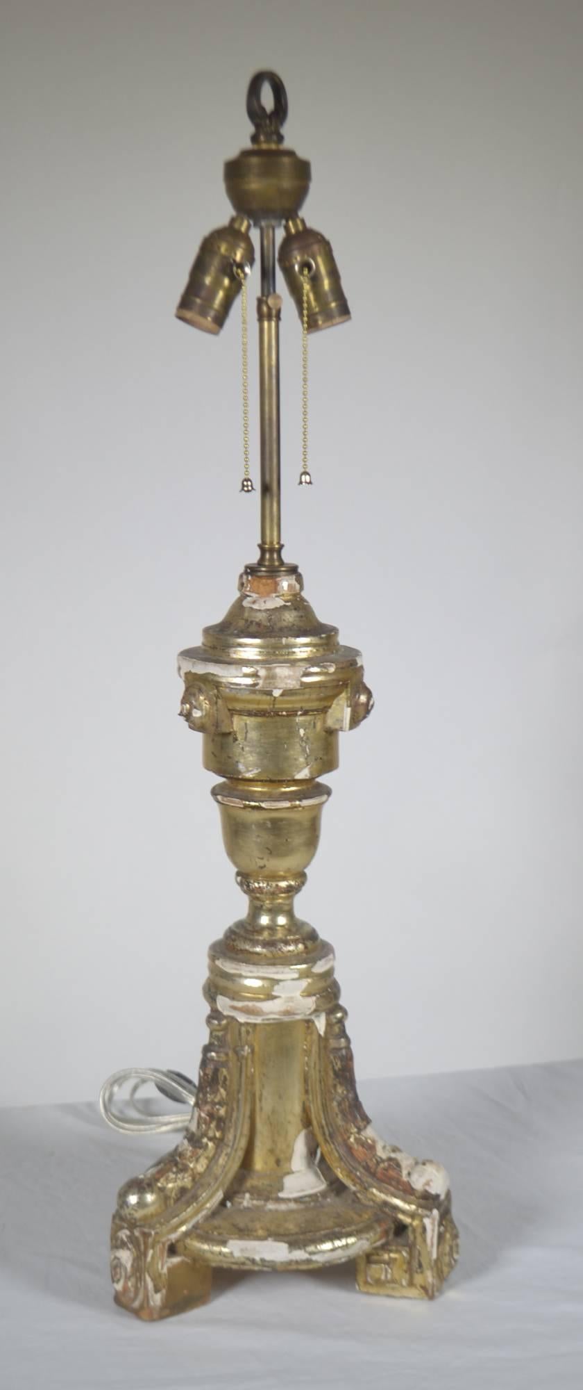 Antique Silver Gilt Wood Tripod Lamp In Good Condition For Sale In Vista, CA