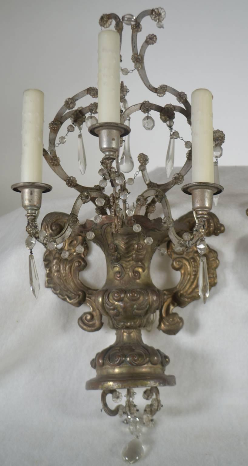 French, Pair of Antique Reposse Three-Arm Wall Sconces In Good Condition In Vista, CA