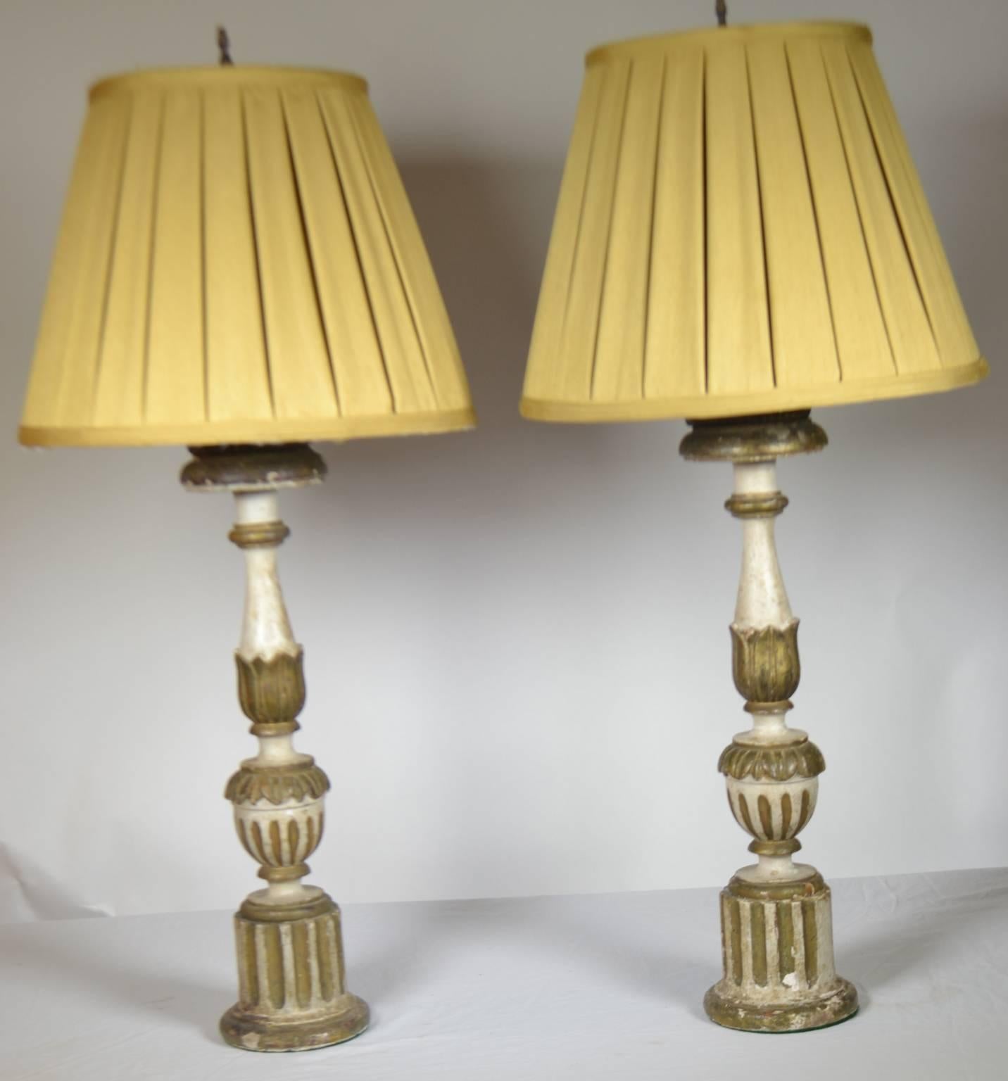 18th century pair of Polychromed Italian fluted candlestick lamps.