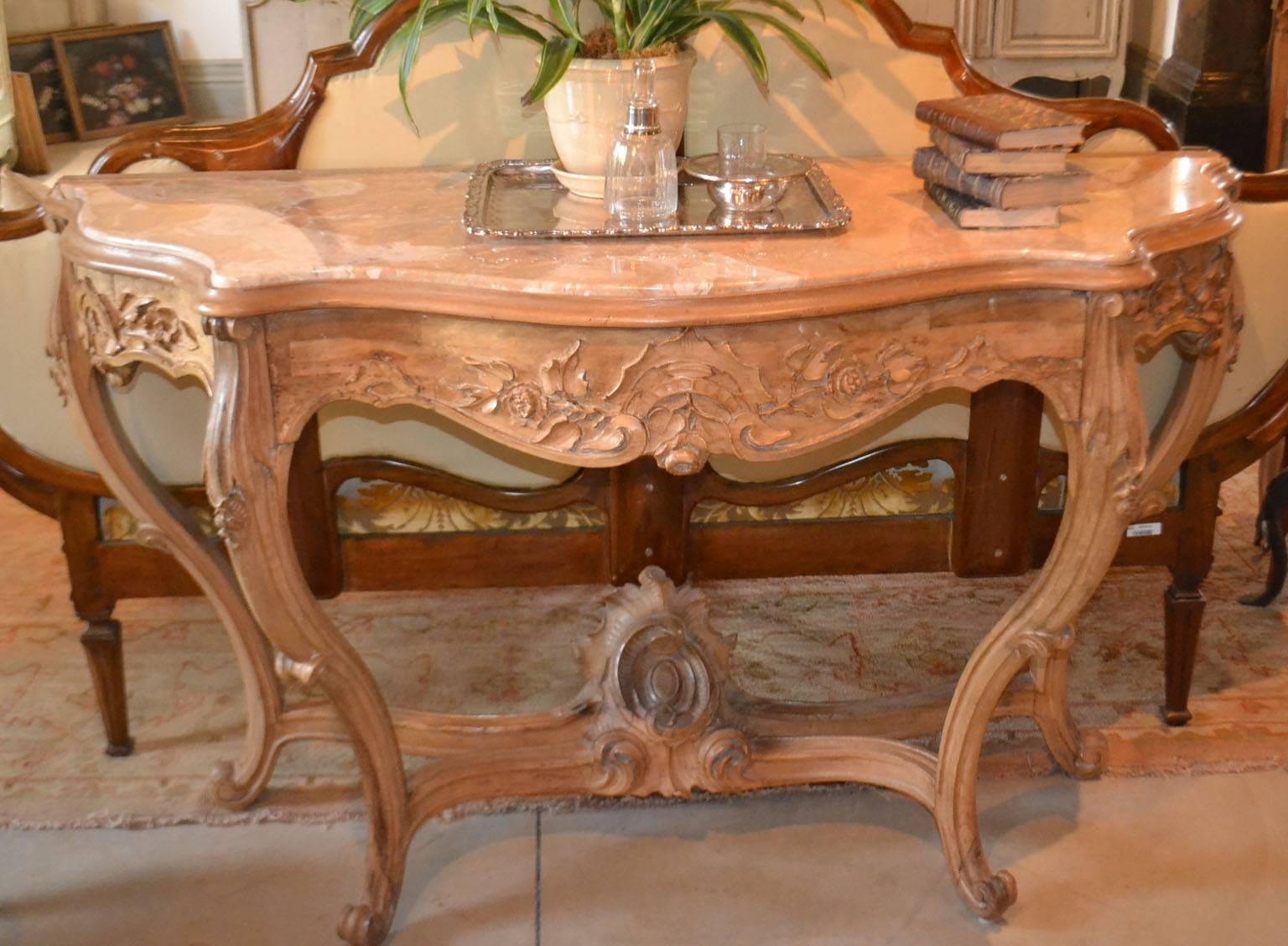 19th century Italian, fruitwood console table with petra dura marble top.