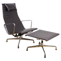 VITRA EAMES ALU CHAIR EA 124 with Ottoman in chocolate brown LEATHER