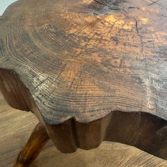 French Brutalist Oak Tripod Side Table, Rustic Slab Top, 1800s Vintage