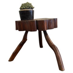 French Brutalist Oak Tripod Side Table, Rustic Slab Top, 1800s Vintage