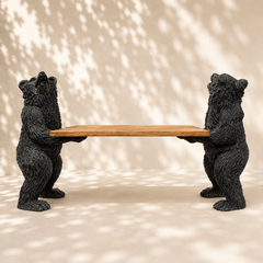 Table basse sculpturale aux deux ours en bois patiné noir et plateau en frêne