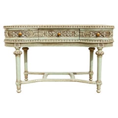 Console coiffeuse de style Louis XVI à trois tiroirs, vert amande patiné – Début