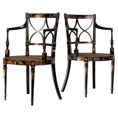 A Pair of 19th Century Chinoiserie & Cane Armchairs