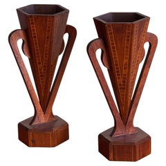 Pair of Inlaid Wood Trophy Vases, Art Deco Influence, Early–Mid 20th Century