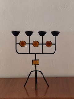 unnar Ander for Ystad Metall Iron and Amber Glass Candelabra, Sweden, 1960s6