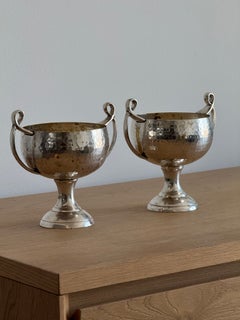 Pair of Modernist Hammered Metal Pedestal Bowls with Loop Handles