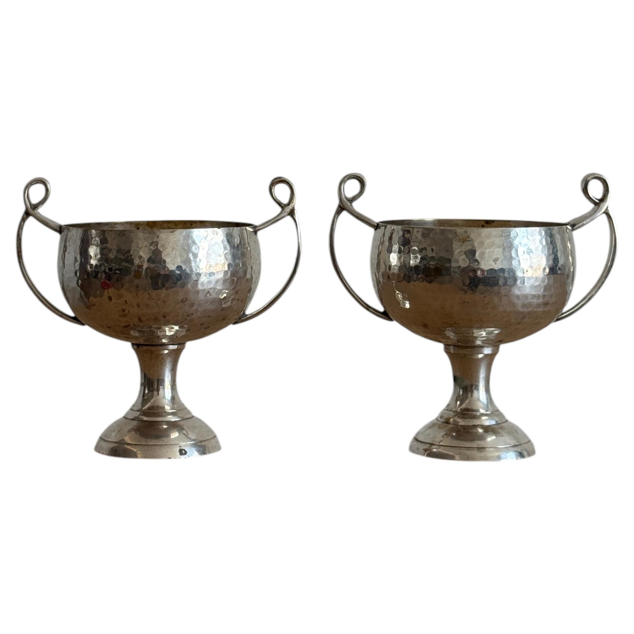Pair of Modernist Hammered Metal Pedestal Bowls with Loop Handles For Sale