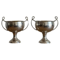 Pair of Modernist Hammered Metal Pedestal Bowls with Loop Handles