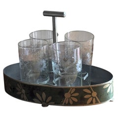 French Art Deco L’Art Décor Cocktail Caddy with Four Etched Glasses, circa 1930s