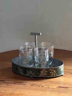 French Art Deco L’Art Décor Cocktail Caddy with Four Etched Glasses, circa 1930s