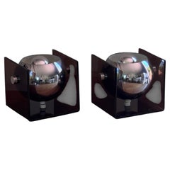 Pair of Vintage Italian-Style Chrome and Smoked Acrylic Cube Table Lamps