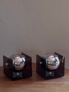 Pair of Vintage Italian-Style Chrome and Smoked Acrylic Cube Table Lamps