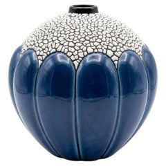 Art Deco Saint-Clément Blue Crackle Spherical Vase Model 712, c. 1930