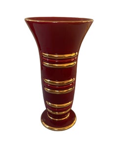 Jarrón de cerámica Art Déco rojo y dorado, de Blanche Letalle para Saint-Clément, década de 1950