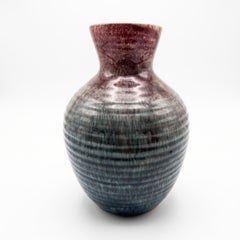 Large Accolay Green & Oxblood Flambe Ceramic Vase, French MCM Studio Pottery
