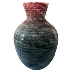 Large Accolay Green & Oxblood Flambe Ceramic Vase, French MCM Studio Pottery