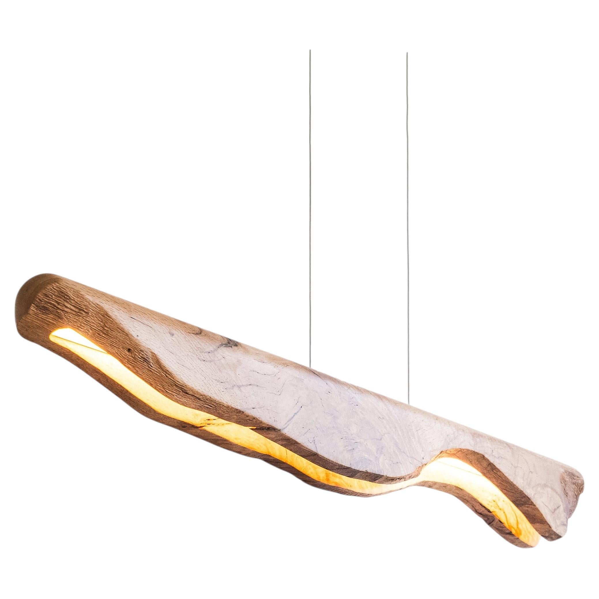 Lustre en chêne « Live Edge », suspension linéaire « Japandi Wabi Sabi », style moderne organique