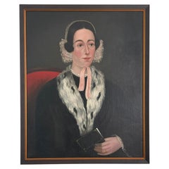 19th Century Folk Art Painting of Seated Woman, Signed, 32x25.75