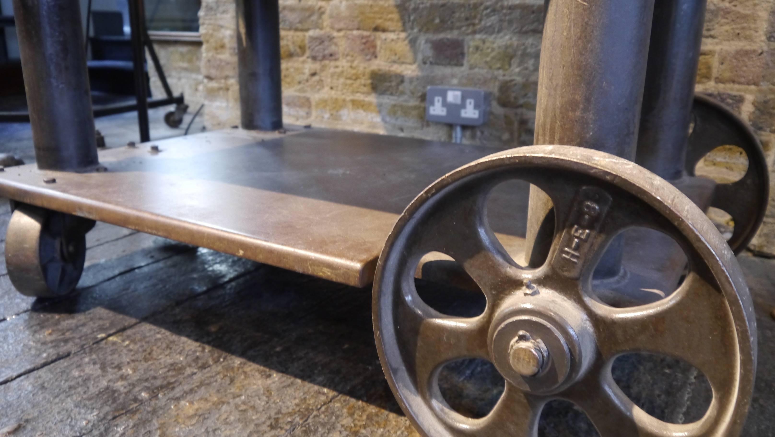 1960s Industrial metal table on wheels from a steel factory in Ohio.