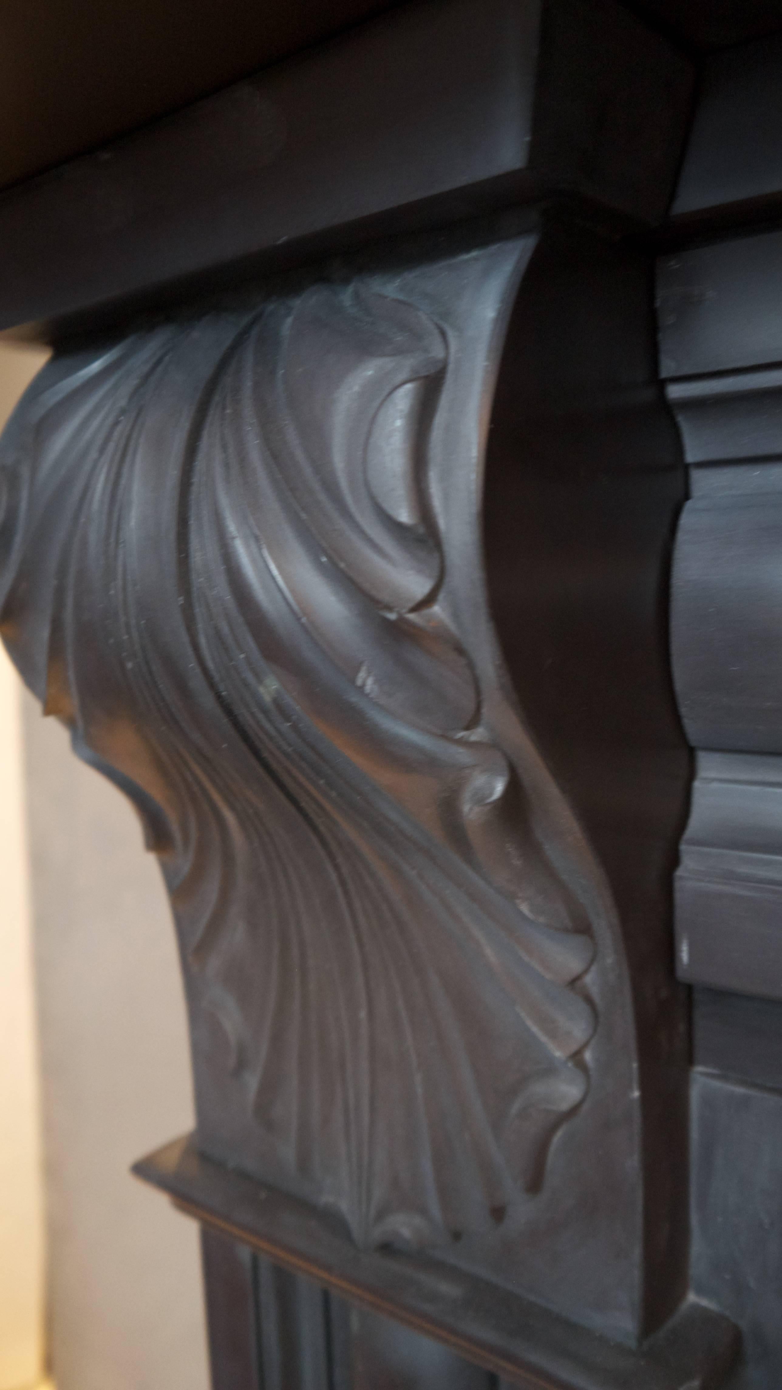 Antique Georgian Scottish slate corbel fireplace with beautifully carved acanthus leaf corbels. Opening 37.5 W x 38