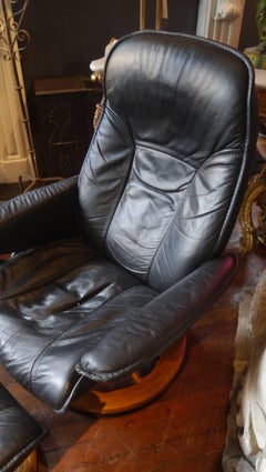 1970s Black Leather Reclining Chair with Foot Stool