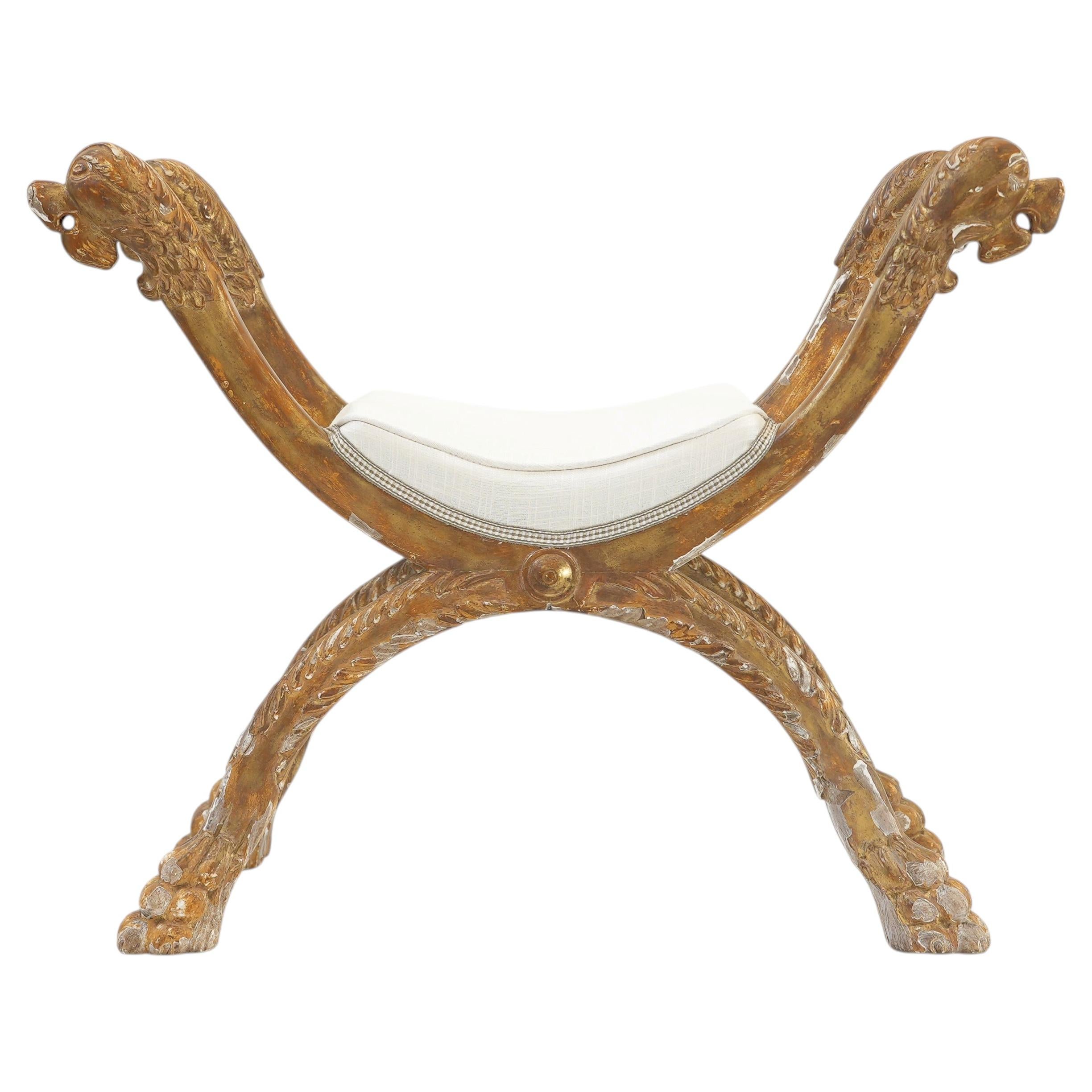 19th Century Italian Giltwood and Gesso Neo-Classical Curule Stool For Sale